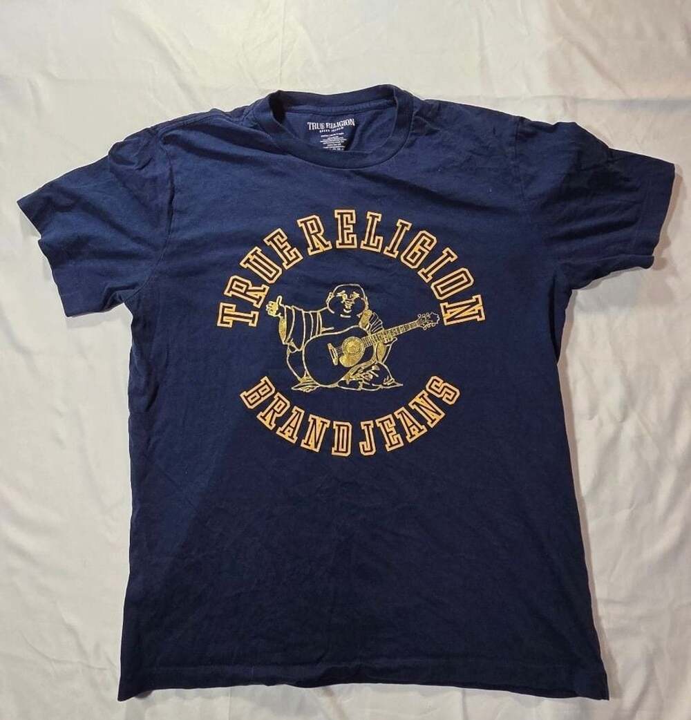 True Religion Blue Guitar Playing Buddha Logo Graphic T-Shirt Medium